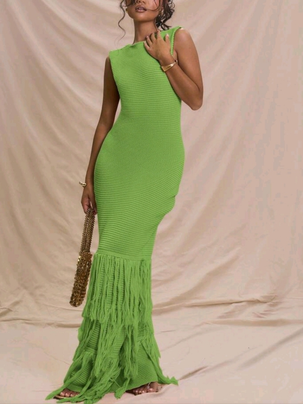 Green Fringe Knit Maxi Dress